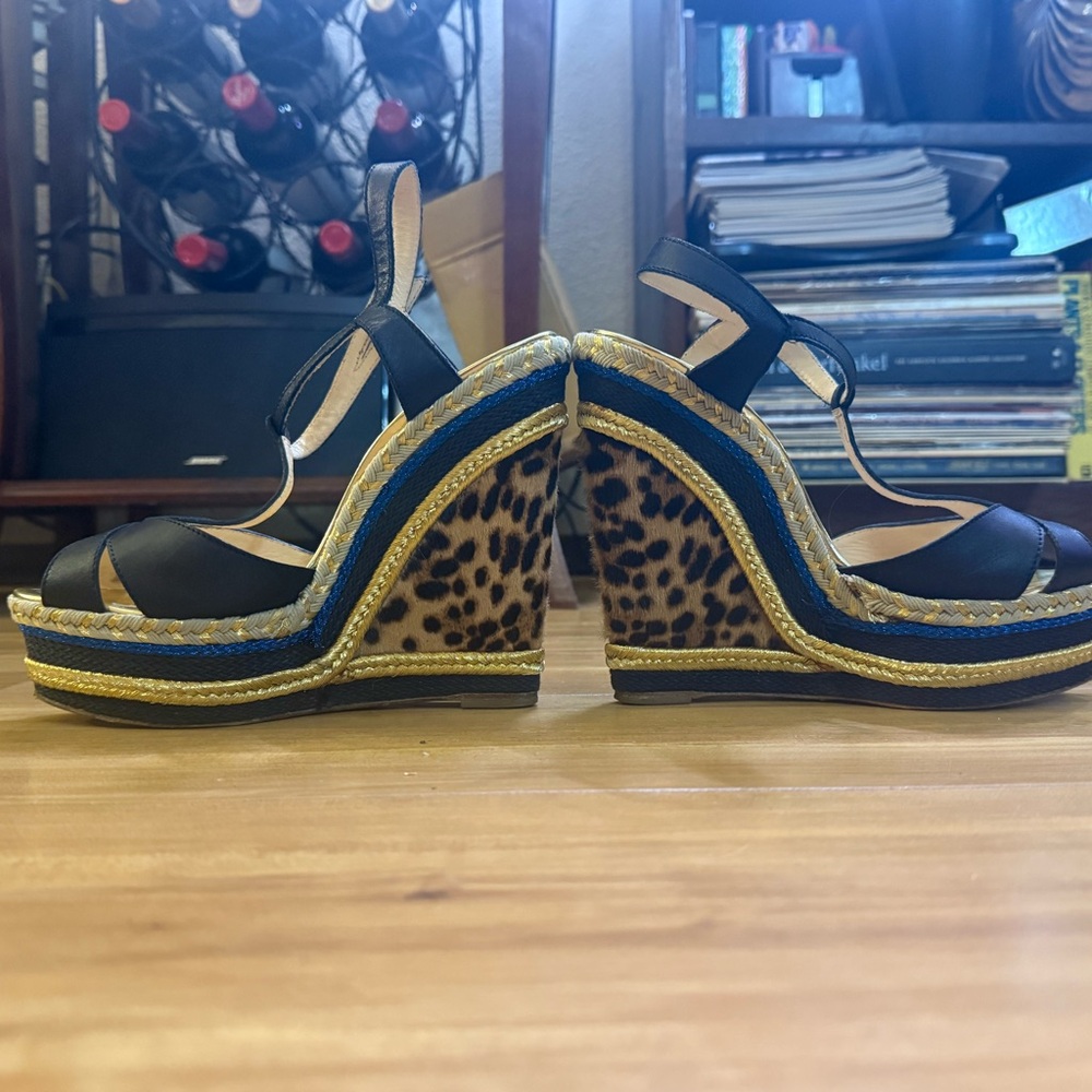 Christian Louboutin Trotolita Black and Gold Leopard Wedges 7.5 / 38.5 - Picture 7 of 16